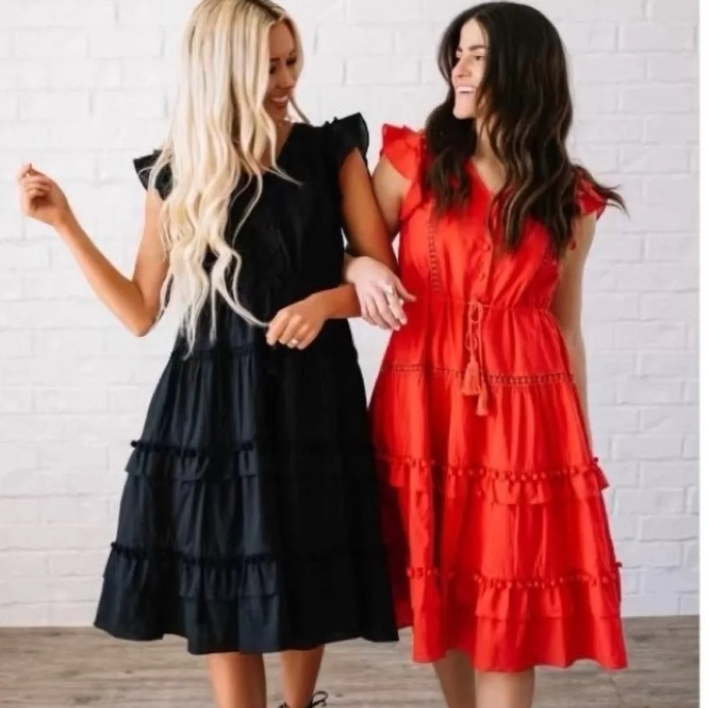 Boutique Large Red Tiered Pom Pom Ruffle Midi Dress - Picture 2 of 12